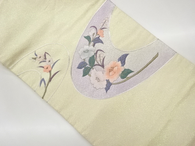 JAPANESE KIMONO / SILVER PIECE EMBROIDERY FLOWER LEAF / CURVED PATTERN